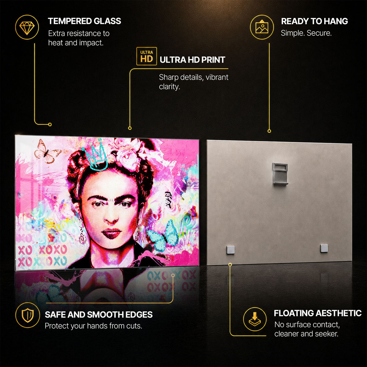 Frida Butterfly Pop Portrait — tempered glass, ultra HD print, ready to hang