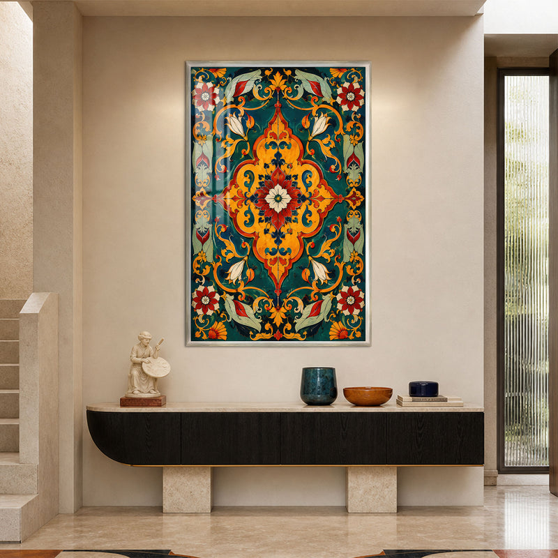 Artronauts Glass Print 12x18 cm | 4.7"x7.1" / Silver Emerald Floral Medallion Glass Wall Art