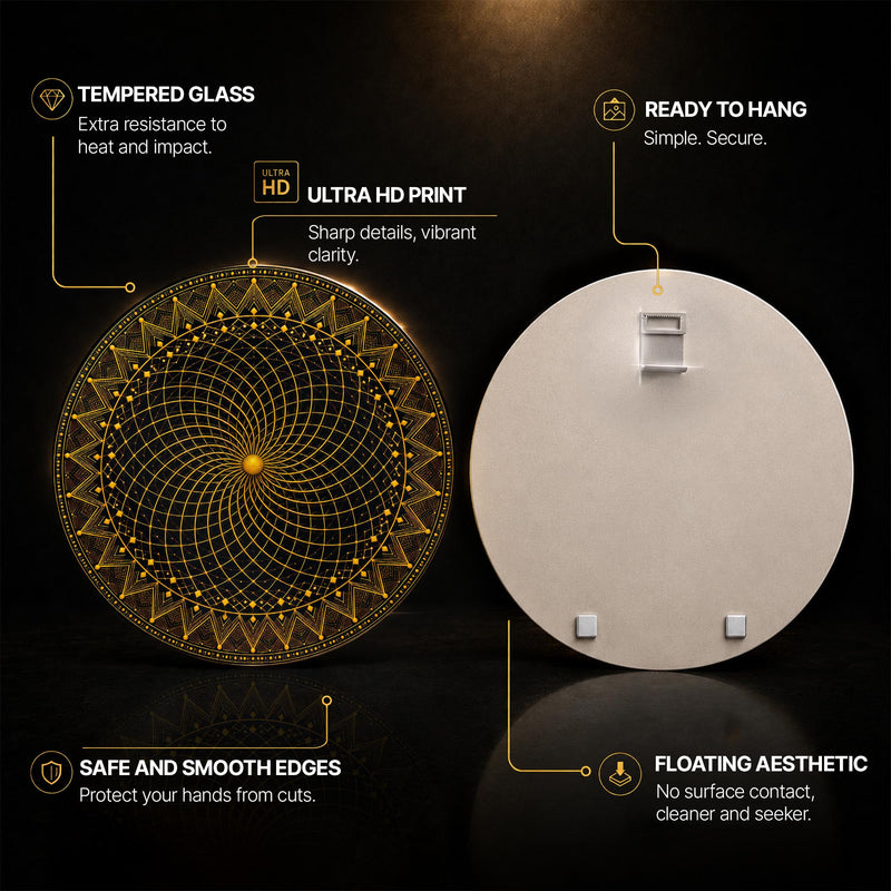Golden Vortex Mandala — tempered glass, ultra HD print, ready to hang