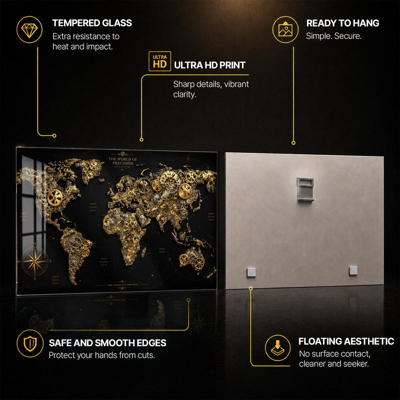 Clockwork World Map — tempered glass, ultra HD print, ready to hang