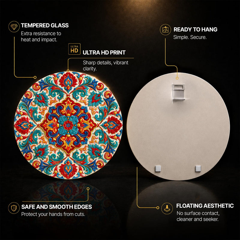 Ornate Floral Medallion — tempered glass, ultra HD print, ready to hang