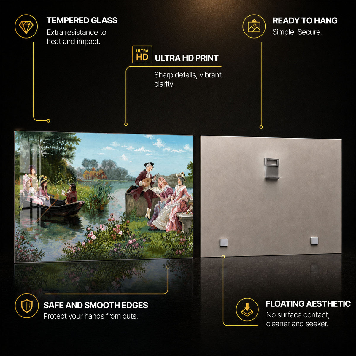 Rococo Garden Serenade — tempered glass, ultra HD print, ready to hang