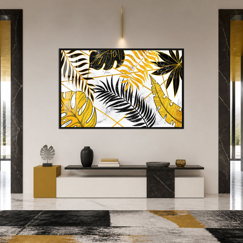 Gold and Black Tropical Leaves with black frame