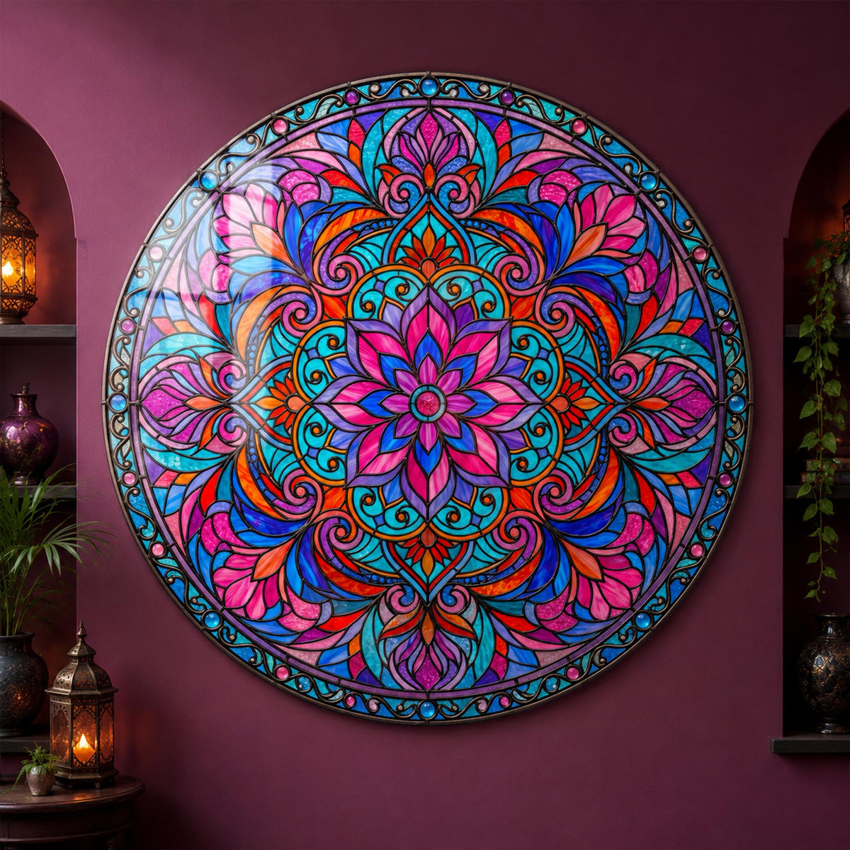 Pink Jewel Mandala — tempered glass, ultra HD print, ready to hang