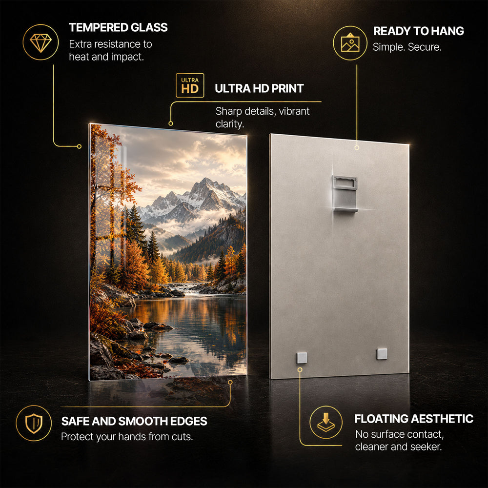 Autumn Alpine Lake — tempered glass, ultra HD print, ready to hang