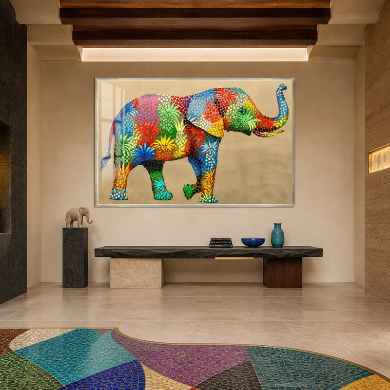 Artronauts Glass Print 18x12 cm | 7.1"x4.7" / Silver Floral Mosaic Elephant Glass Wall Art