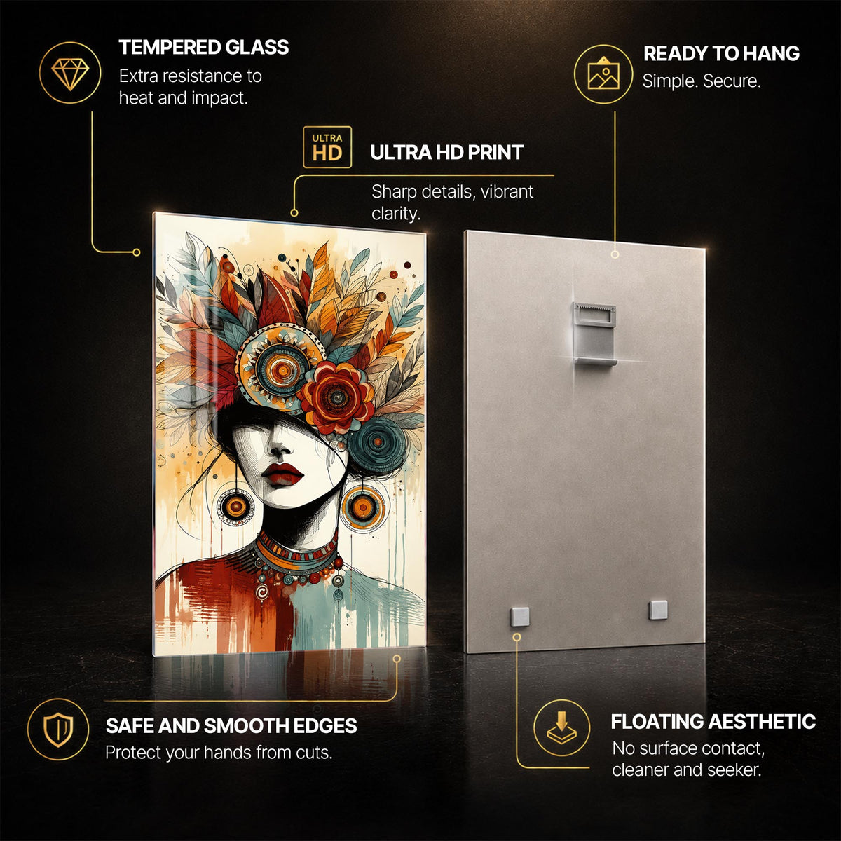 Floral Headdress Muse — tempered glass, ultra HD print, ready to hang