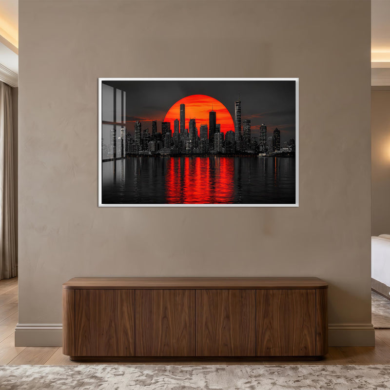 Crimson City Sunset with white frame