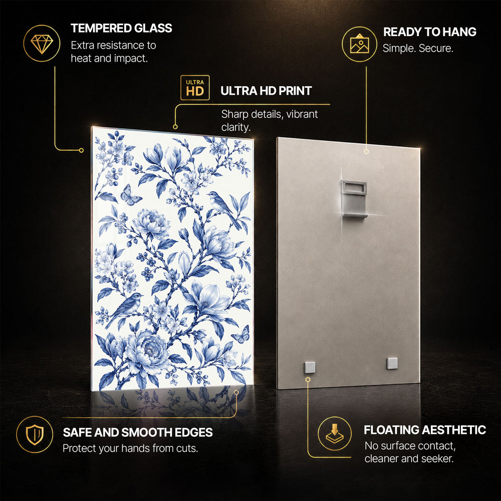 Blue Botanical II — tempered glass, ultra HD print, ready to hang