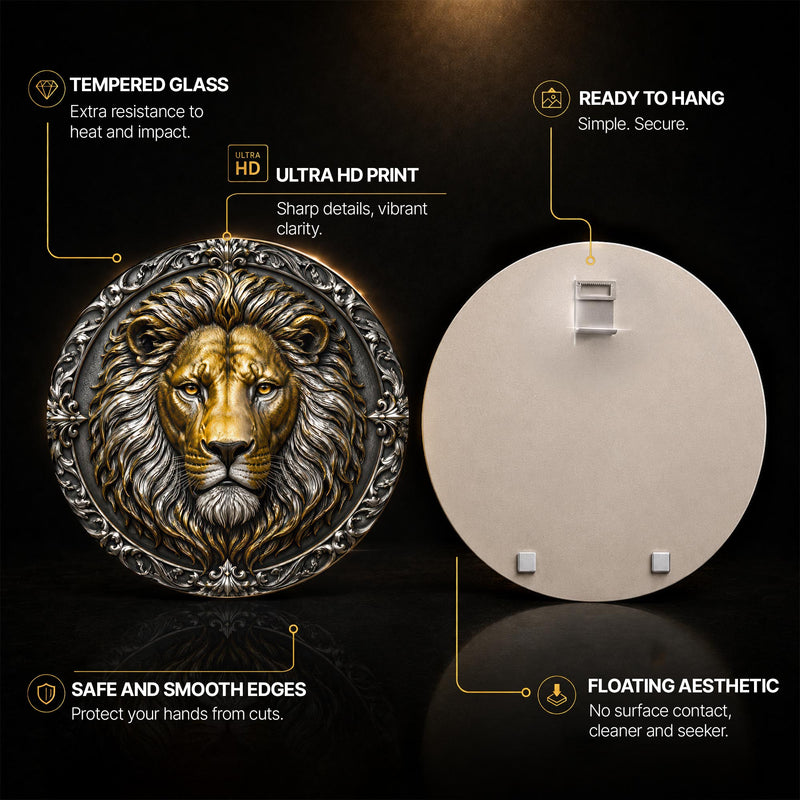 Regal Golden Lion — tempered glass, ultra HD print, ready to hang