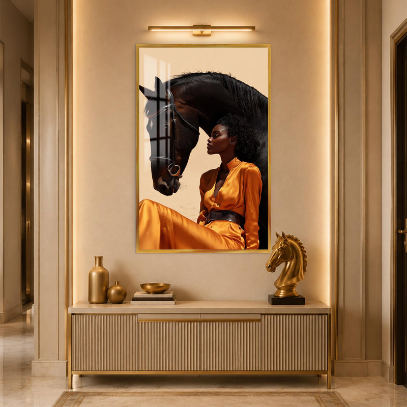 Woman Beside Black Horse with gold frame