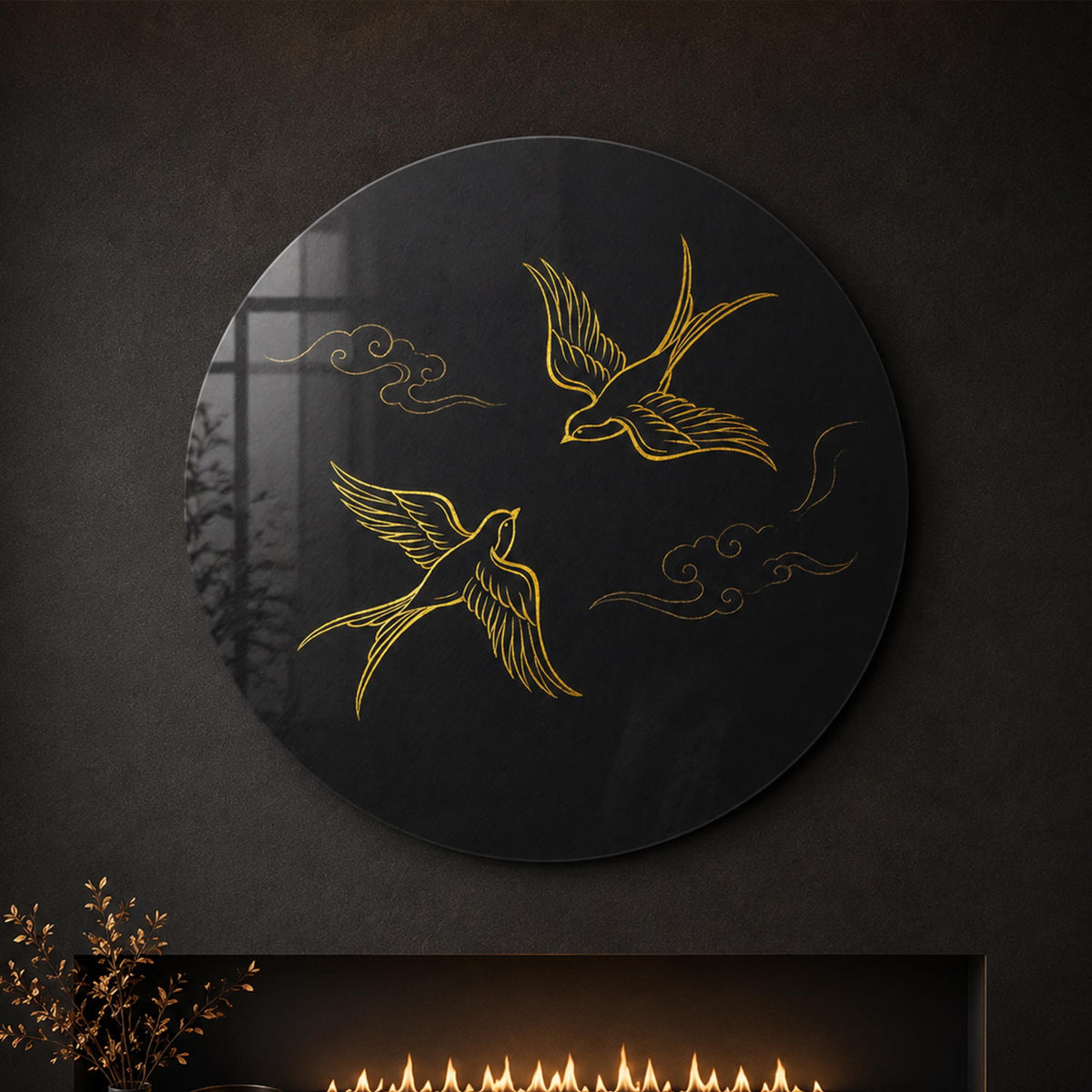 Golden Swallows — tempered glass, ultra HD print, ready to hang