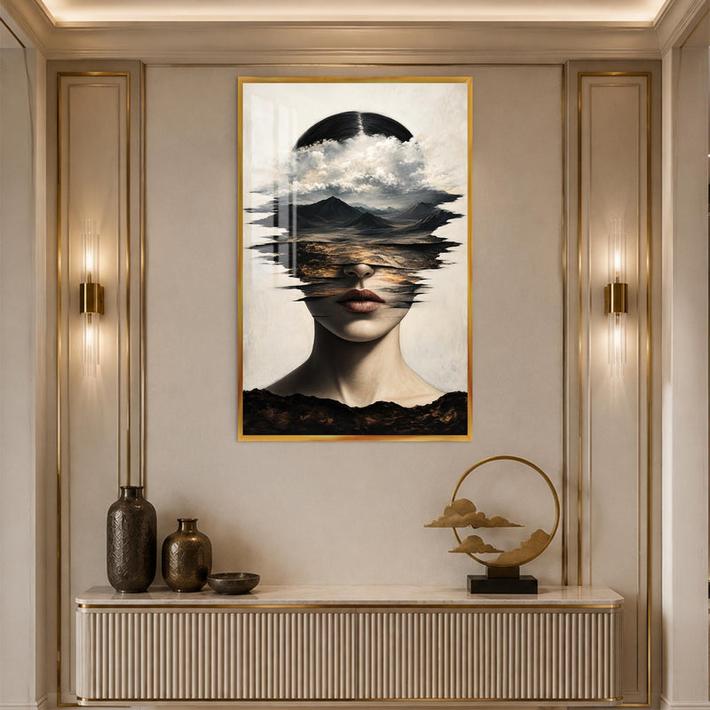 Artronauts Glass Print 12x18 cm | 4.7"x7.1" / Gold Mountain Veiled Woman Glass Wall Art