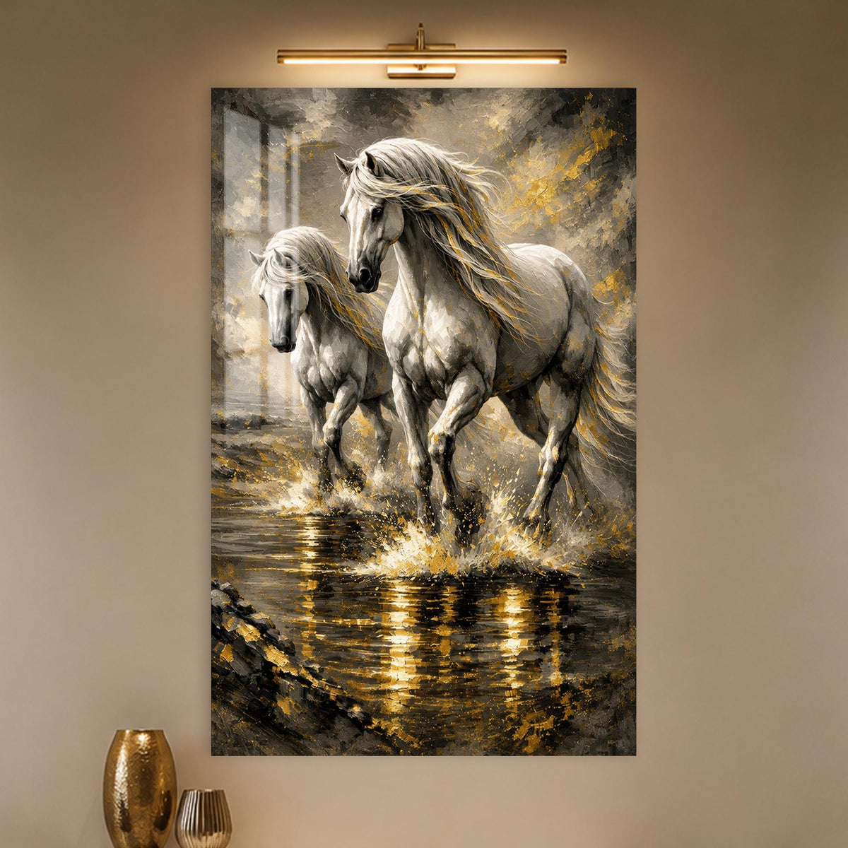 Galloping White Horses in a modern room