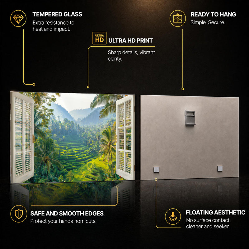 Tropical Terrace View — tempered glass, ultra HD print, ready to hang