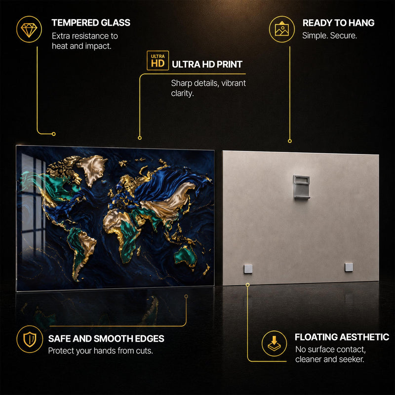 Gilded World Map — tempered glass, ultra HD print, ready to hang