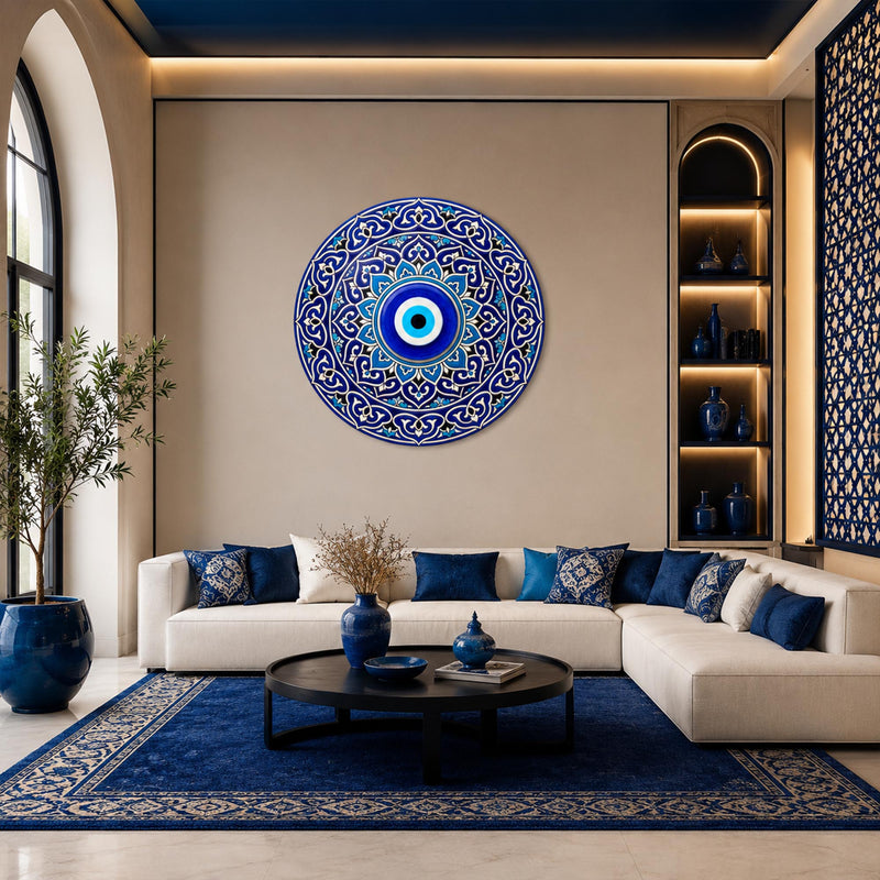 Blue Evil Eye Mandala in a modern room