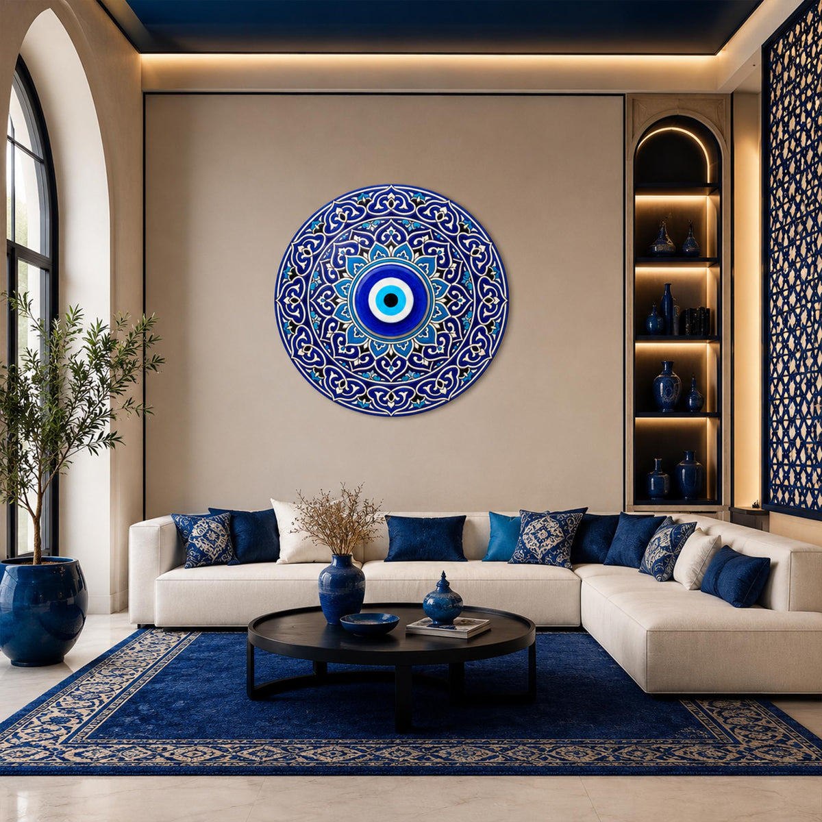 Blue Evil Eye Mandala in a modern room