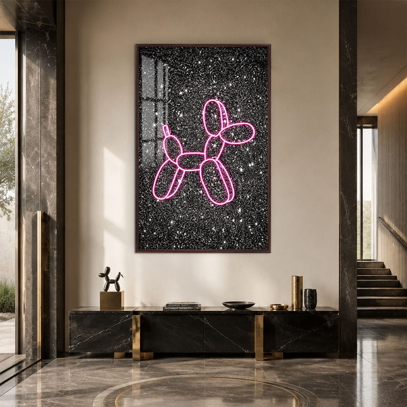Artronauts Glass Print 12x18 cm | 4.7"x7.1" / Walnut Neon Balloon Dog Glass Wall Art