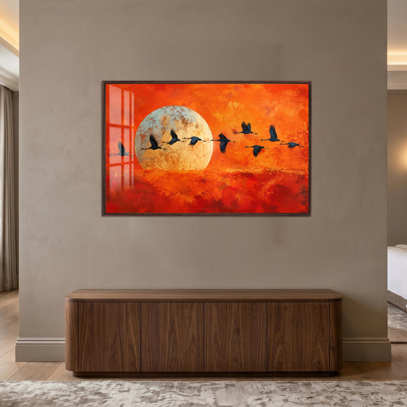 Moonlit Crane Migration with walnut frame