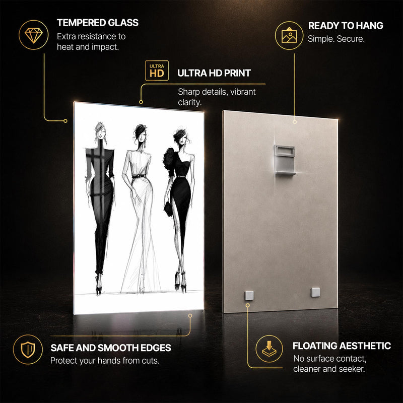 Monochrome Fashion Trio — tempered glass, ultra HD print, ready to hang