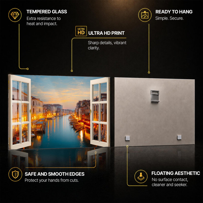 Venetian Canal Window — tempered glass, ultra HD print, ready to hang
