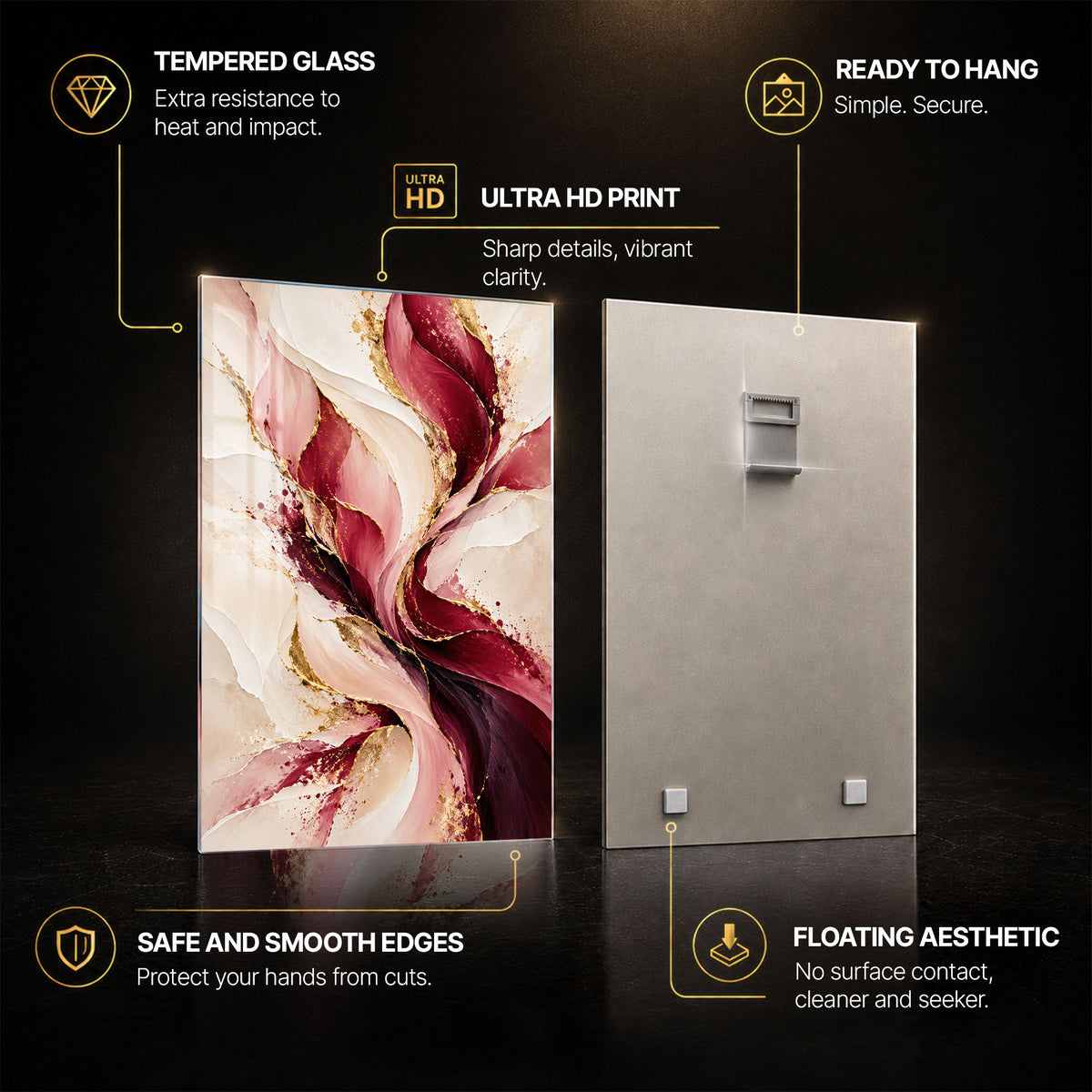 Crimson Blossom — tempered glass, ultra HD print, ready to hang