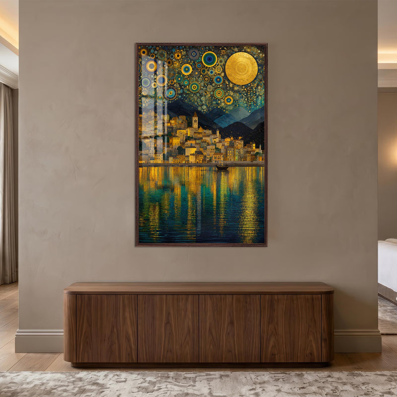 Golden Celestial Harbor with walnut frame