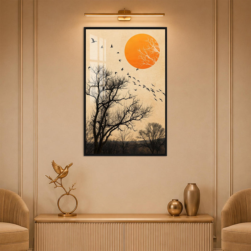 Artronauts Glass Print 12x18 cm | 4.7"x7.1" / Black Birds Across Orange Sun Glass Wall Art