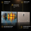 Golden City Reflections — tempered glass, ultra HD print, ready to hang