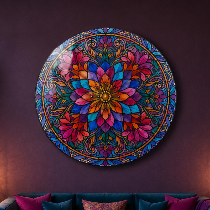 Jeweled Floral Mandala — tempered glass, ultra HD print, ready to hang