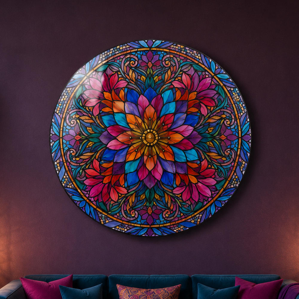 Jeweled Floral Mandala — tempered glass, ultra HD print, ready to hang