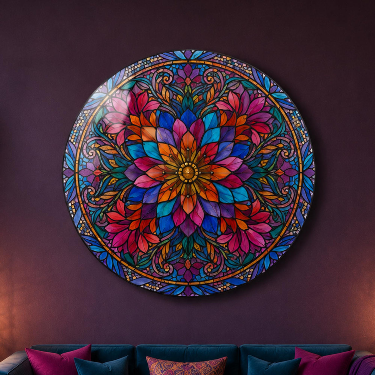 Jeweled Floral Mandala — tempered glass, ultra HD print, ready to hang