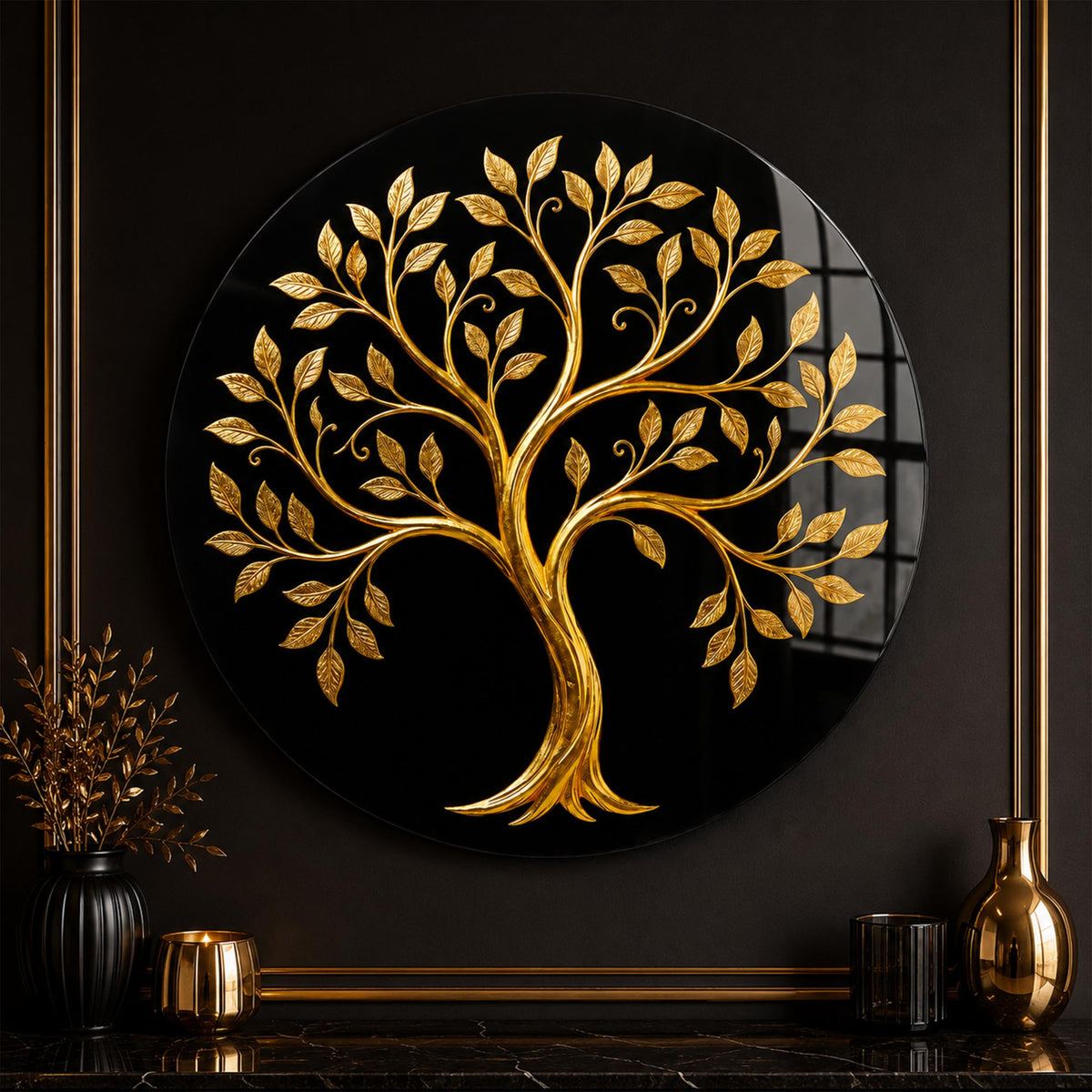 Golden Tree Silhouette — tempered glass, ultra HD print, ready to hang