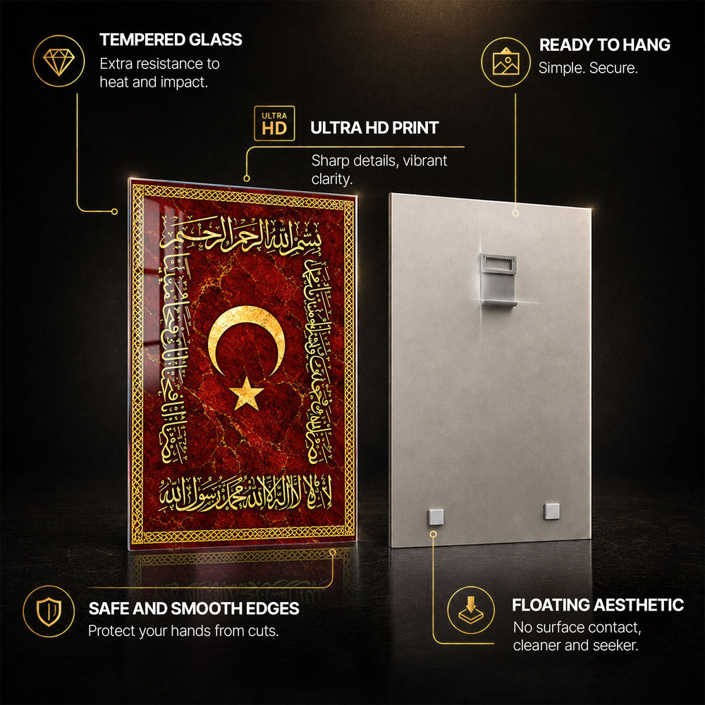 Golden Crescent Calligraphy — tempered glass, ultra HD print, ready to hang