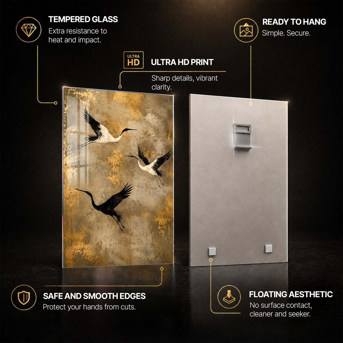 Golden Crane Flight — tempered glass, ultra HD print, ready to hang