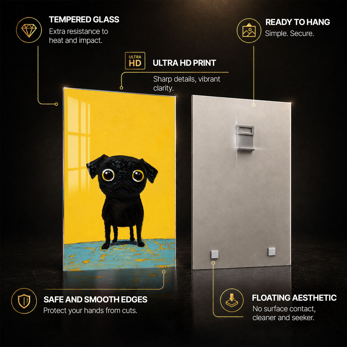 Little Black Pug — tempered glass, ultra HD print, ready to hang
