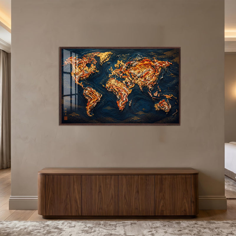 Koi World Map with walnut frame