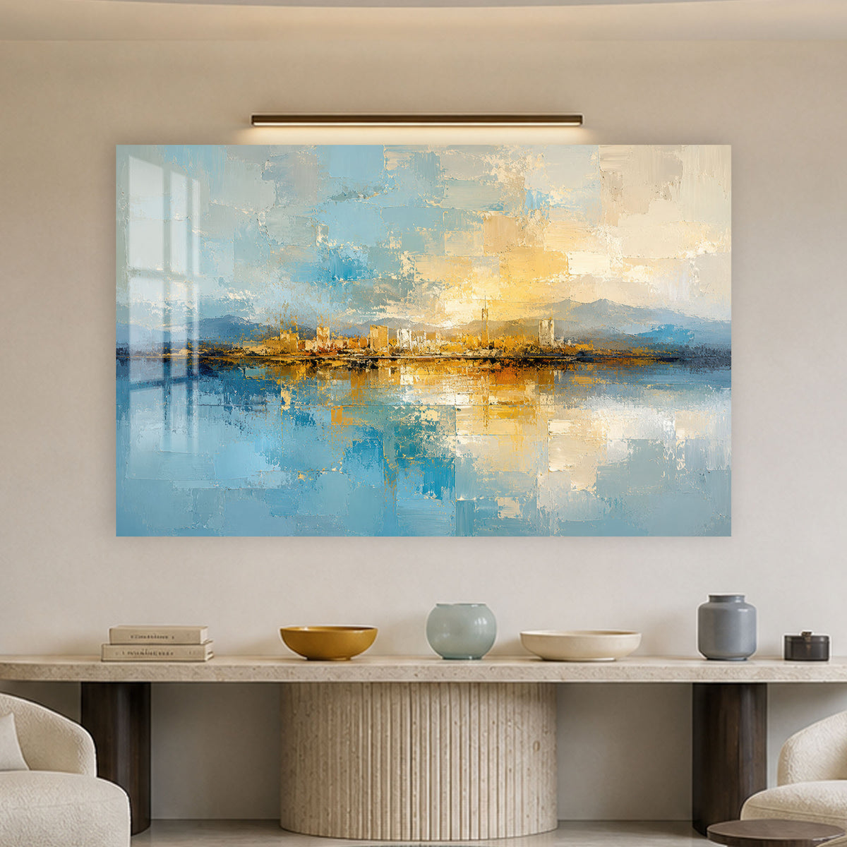 Golden Horizon Reflections in a modern room