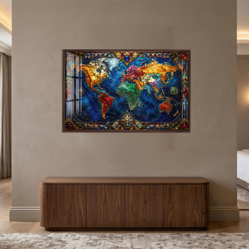 Jeweled World Map with walnut frame