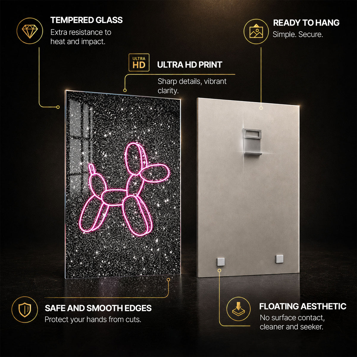 Neon Balloon Dog — tempered glass, ultra HD print, ready to hang