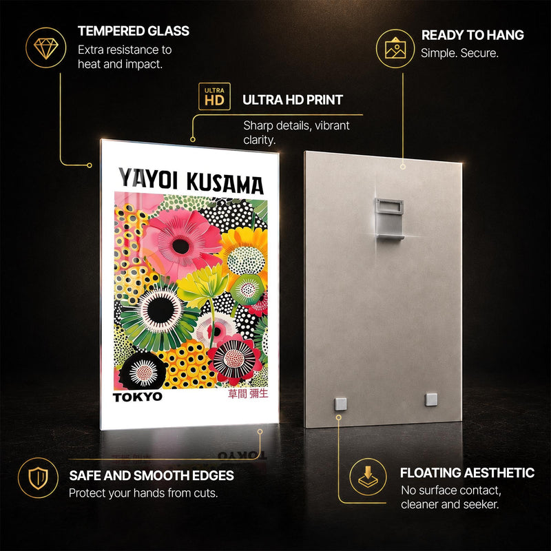 Kusama Floral Tokyo — tempered glass, ultra HD print, ready to hang