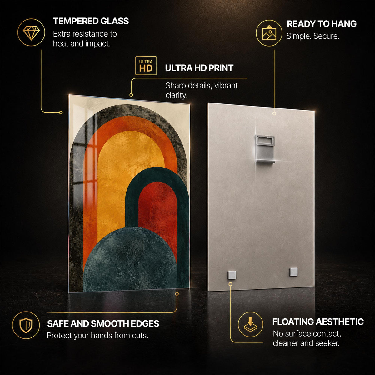 Layered Retro Arches — tempered glass, ultra HD print, ready to hang