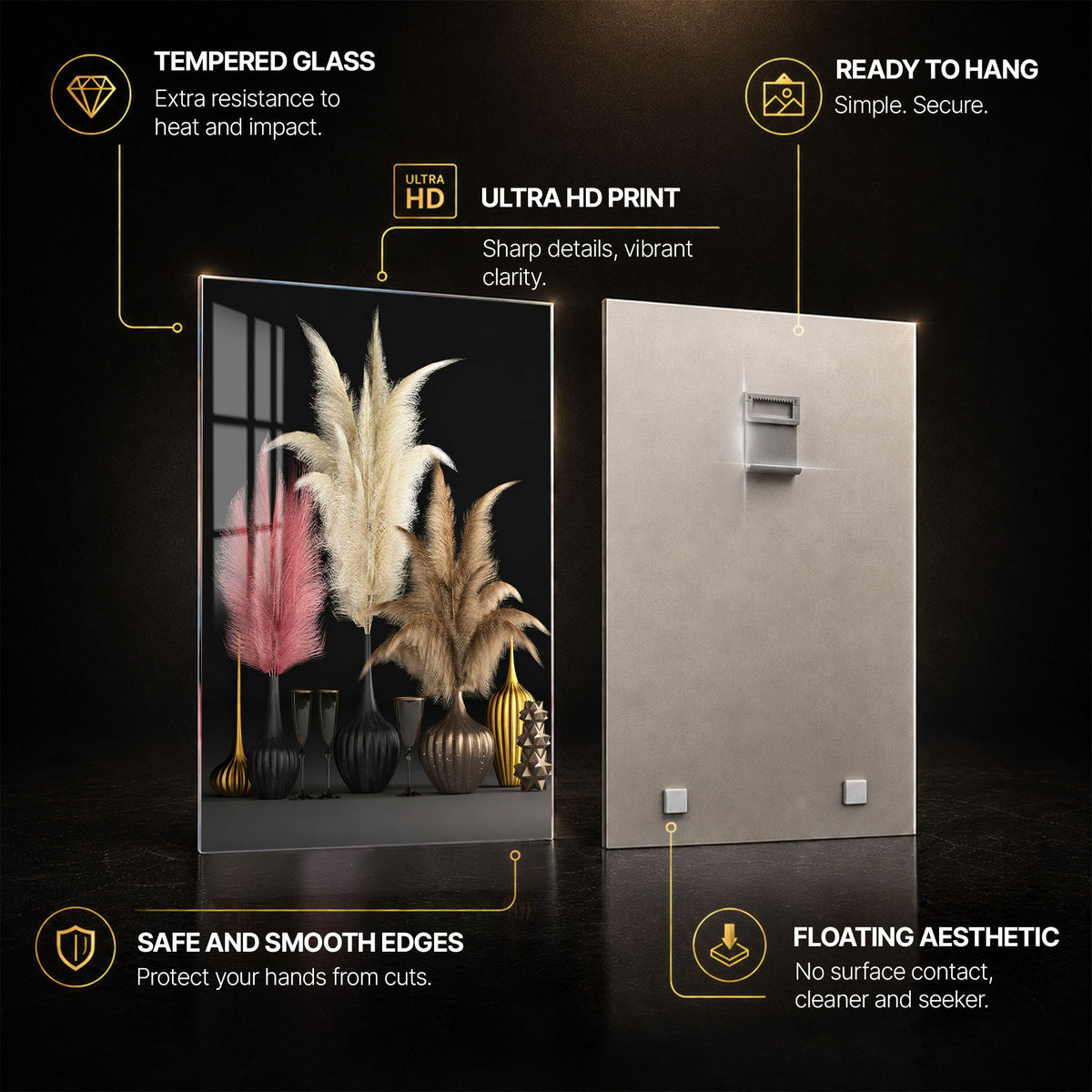 Pampas Noir — tempered glass, ultra HD print, ready to hang