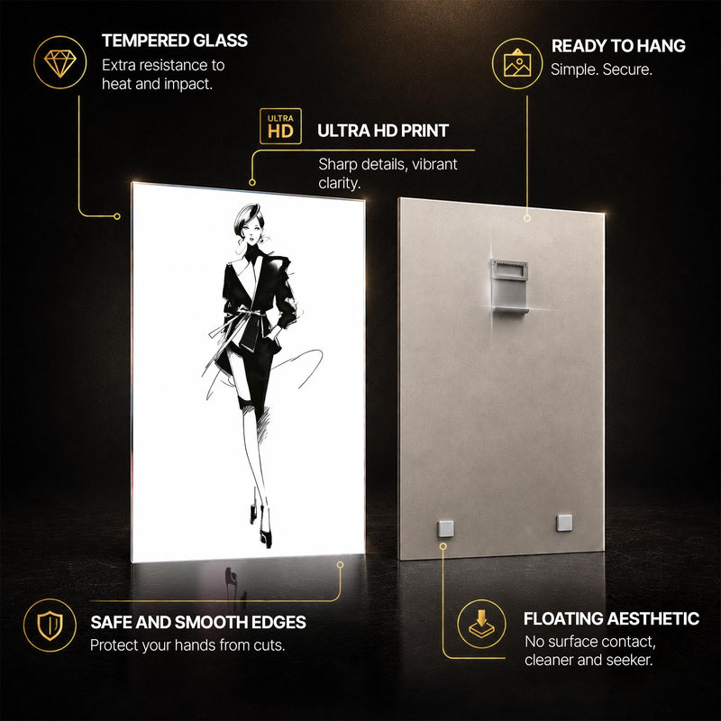 Monochrome Fashion Muse — tempered glass, ultra HD print, ready to hang