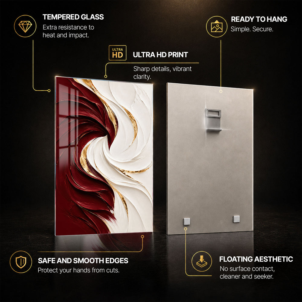 Crimson Ivory Flow — tempered glass, ultra HD print, ready to hang
