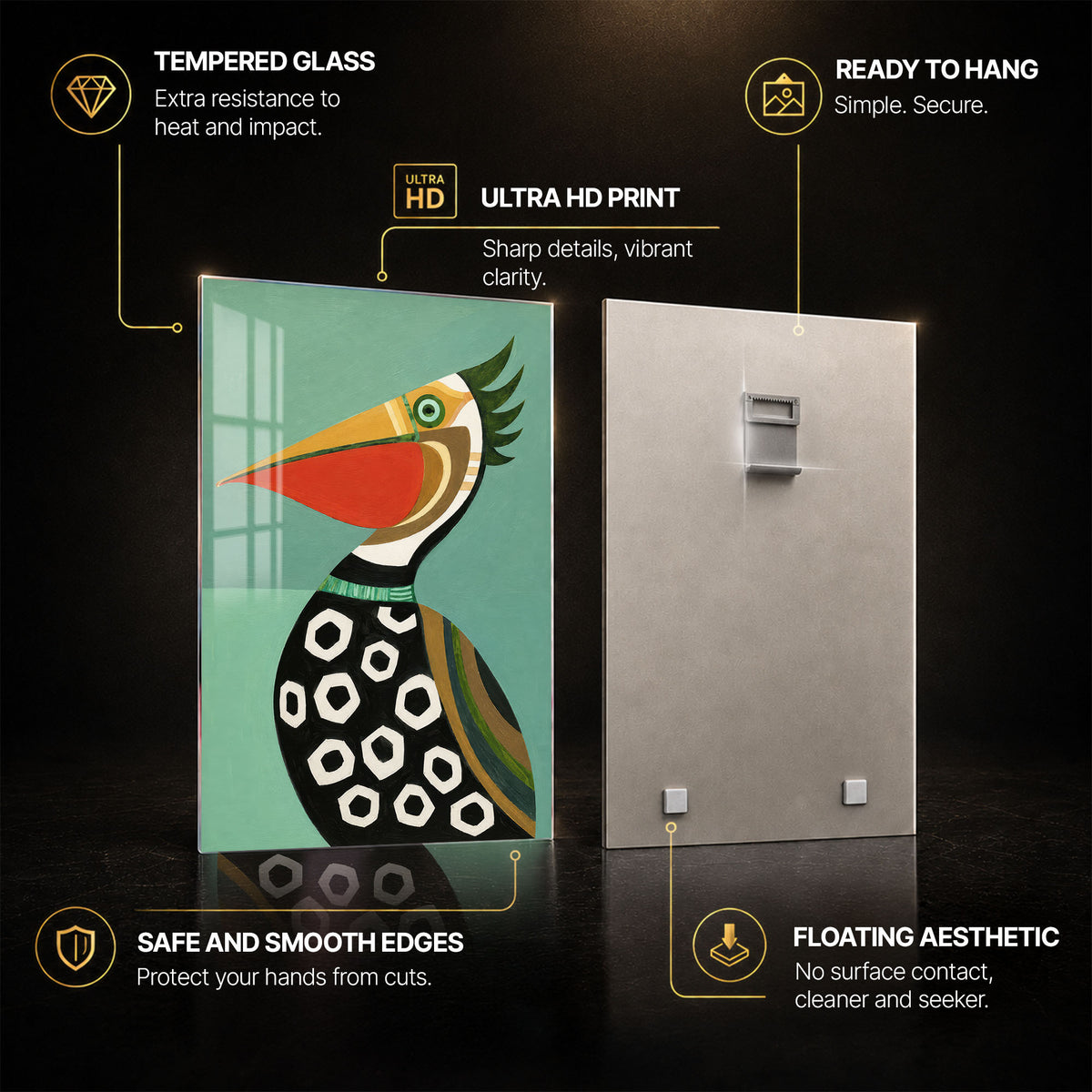 Modern Pelican — tempered glass, ultra HD print, ready to hang