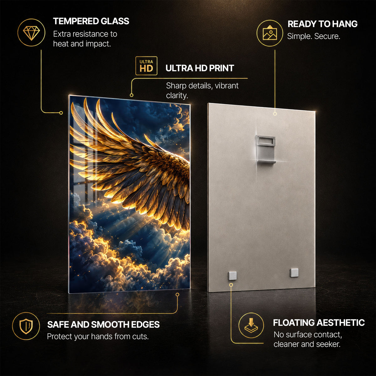 Golden Eagle — tempered glass, ultra HD print, ready to hang