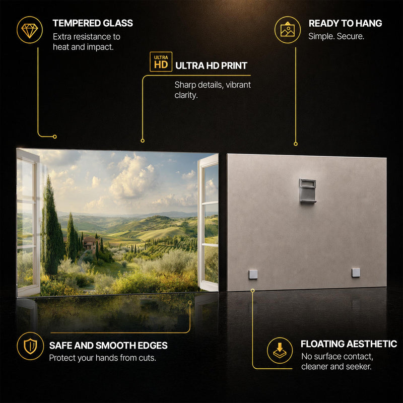 Tuscan Window View — tempered glass, ultra HD print, ready to hang