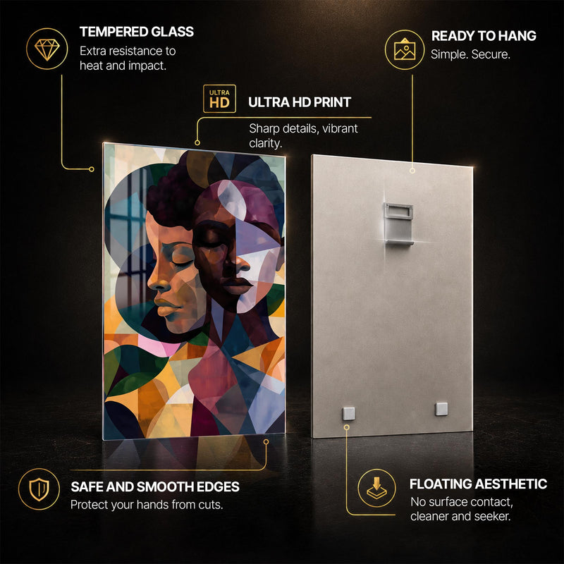 Geometric African Faces — tempered glass, ultra HD print, ready to hang